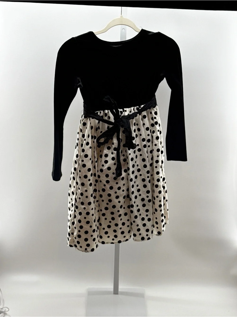 Black & Cream Polka Dot Long-Sleeve Dress with Red Accent for Kids